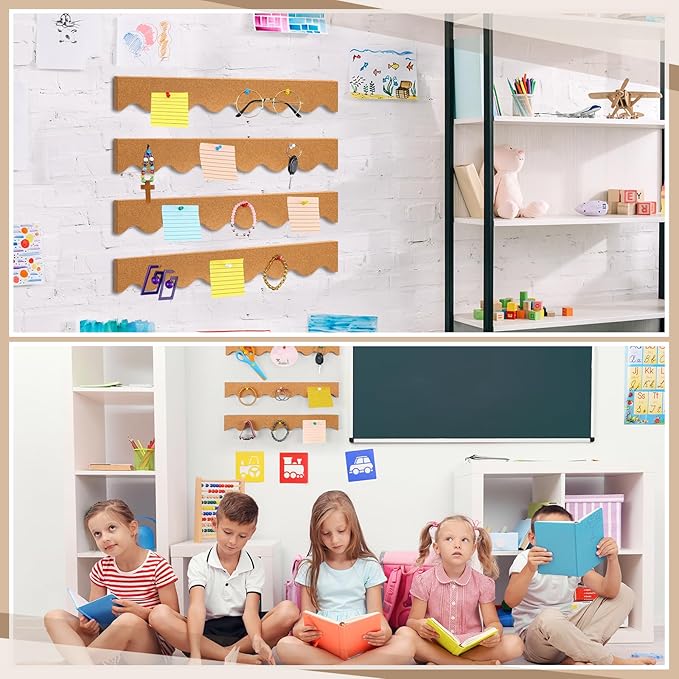 CroBlissful 4 Pcs Cork Strips Bulletin Bar Strip for Wall 14. 5 x 2 Inch Frameless Cork Board Strips with 50 Push Pins, Self Adhesive Backing, for Classroom Office Home Cubicle (Waved Style)