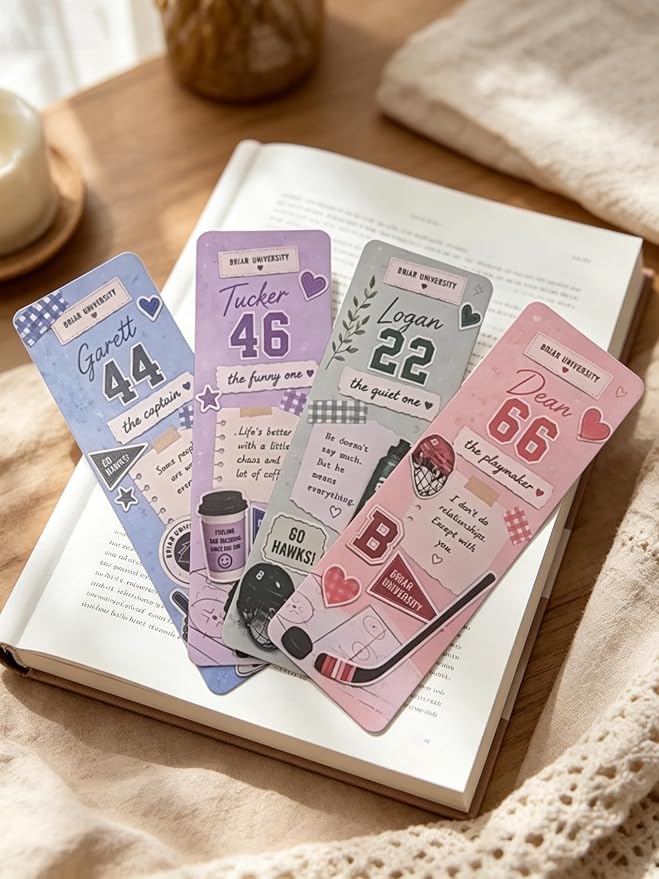 4Pcs Off Campus Inspired Bookmarks, Off Campus Merch Stuff Featuring Tucker, Garett, Dean & Logan - Ideal Off Campus‌ Gifts Accessories Merchandise for Fans Women Men Birthday Book Lovers