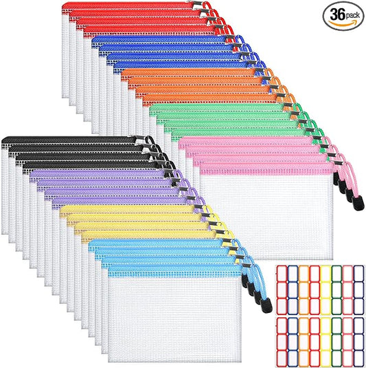 36 Pcs Mesh Zipper Pouch, 4.7x6.5 inch Waterproof Zip Mesh Bags with 2 Sheets Colored Stickers 9 Colors Plastic Water-Resistant File Bags Zipper Bag for Office Supplies Travel Storage