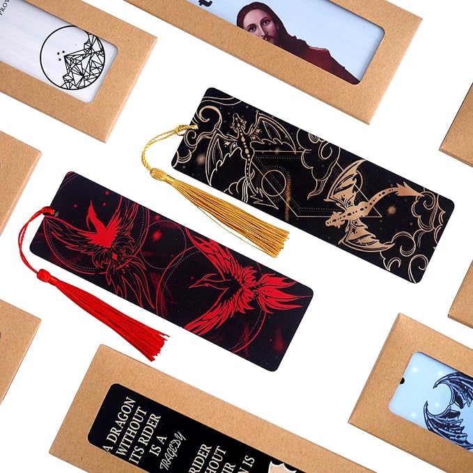 Set of 2 pcs - Bookmarks for Women with Silk Tassel - Perfect Book Markers Merchandise for Fantasy Fans, Dragon and Phoenix Pattern Fourth Book Marks - Unique Gifts for Wing Book Lovers