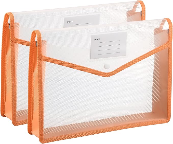 PATIKIL Plastic Expanding File Folders, 2 Pack A4 File Folder Envelopes Letter Size Document Organizer Supplies with Snap Closure for Classroom Office, Orange, Horizontal