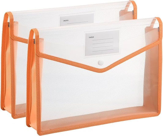 PATIKIL Plastic Expanding File Folders, 2 Pack A4 File Folder Envelopes Letter Size Document Organizer Supplies with Snap Closure for Classroom Office, Orange, Horizontal