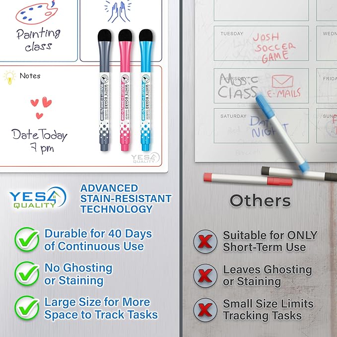 Magnetic Calendar - 16x12 Whiteboard - Dry Erase Calendar for Fridge - Monthly Refrigerator White Board Sheet with 3 Colorful Markers & Eraser, Meal Planner & Family Organizer - by Yes4Quality