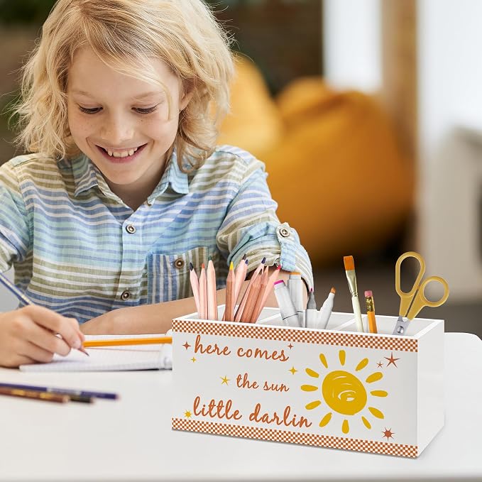 Boho Sunshine Classroom Pen Holder, Boho Office Pen Pencil Holder Organizer for Desk Accessories, Sunshine Nursery Wooden Box Desk Decor for Kids Nursery Room Classroom Desk Decorations