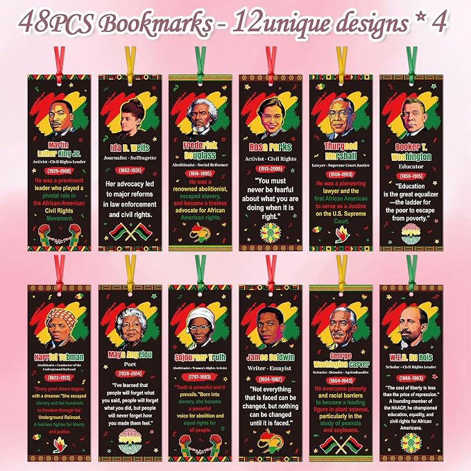 Wxiben Juneteenth History Bookmarks Gifts - 48 Pcs Freedom Day Bookmarks with Ribbon 1865 African American Book Marks Page Marker Clip Inspirational Favors for June 19th Office School Party Supplies