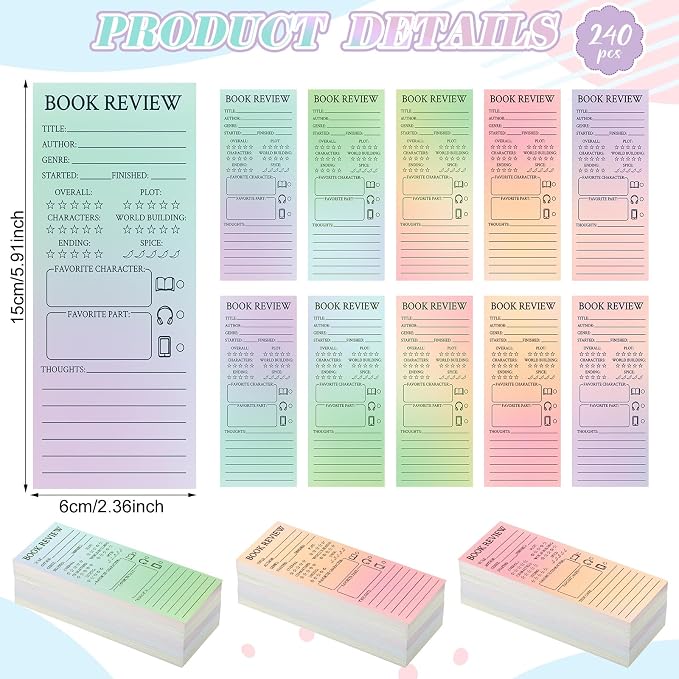 240 Pcs Back to School Teacher Gifts Colorful Book Review Bookmarks Bookclub Gifts Reading Page Cards for Book Lovers Women Students First Day of School Party Supplies(Simple,Gradient)