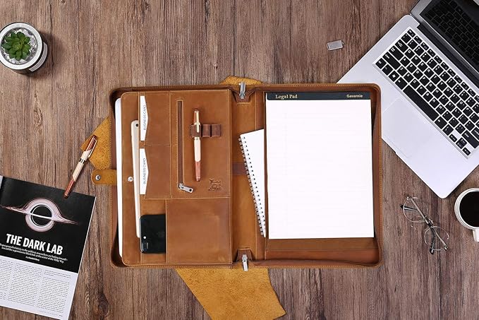 Genuine Leather Business Portfolio Padfolio Folder with Zipper for Men, Men's Leather Padfolio Folder for 13" Laptop, Business Portfolio for Letter Size Notepad, Graduation Gift，Brown