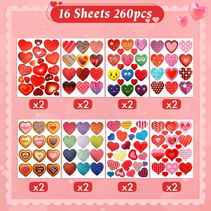 Heart Stickers, Valentines Stickers, 260PCS Valentine Day Heart Stickers, Self-Adhesive Hearts Decorative Sticker Decal for Mother's Day Wedding School Craft Activity Party Favors Supplies