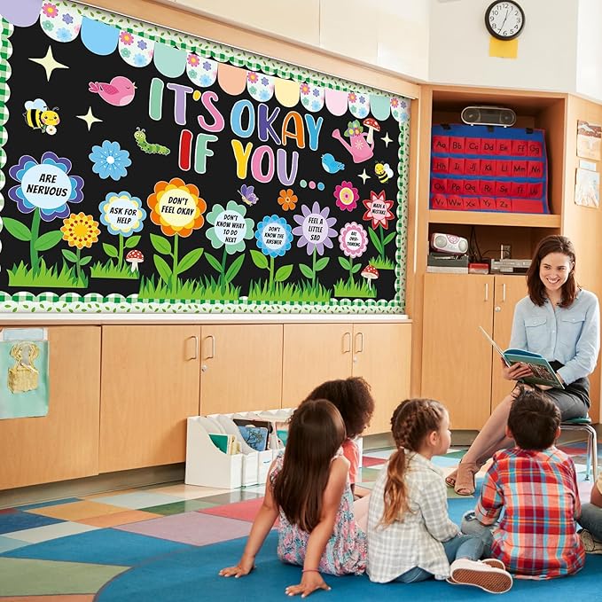 Spring Mental Health Bulletin Board Set Bloom Flower Classroom Decoration Inspirational Positive Affirmations Station Bulletin Board Cutouts for Motivational Office School Home Chalkboard Wall Decor