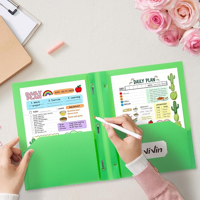 ViVin Sturdy Plastic Folder with Pockets,6 Pack,Heavy Duty Two Pocket 3 Prong Folders,Holds Letter Size Paper,File Folders with Business Card Slot for School Home and Office(Green)