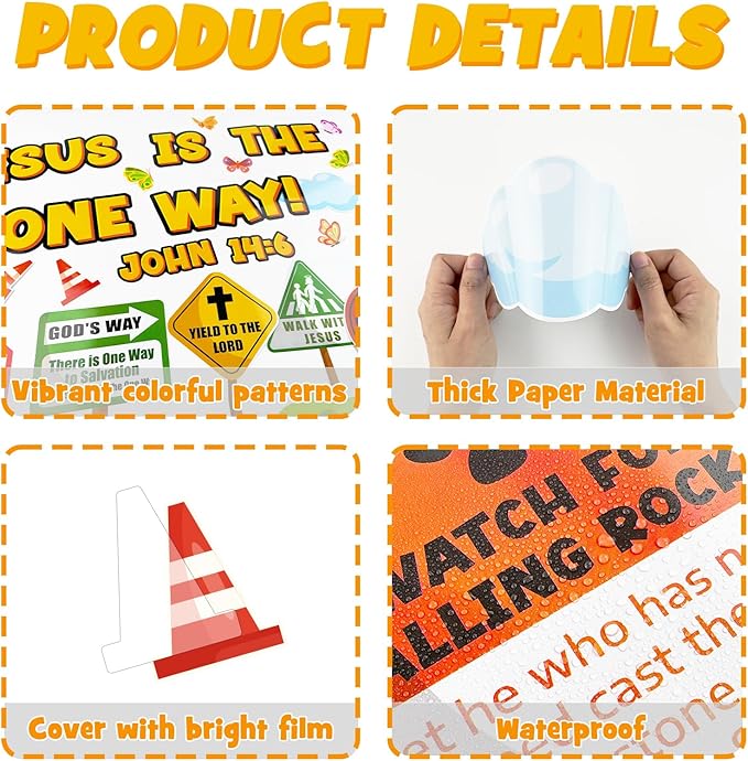 Road Trip VBS Bulletin Board Decoration Set, Christian Construction Sunday School Decorations for Classroom Religious Jesus Road Signs Cutouts Library Church Wall Window Door Decor for Teacher
