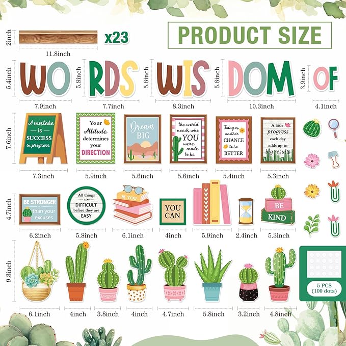 Mooliwe 57 Pcs Cactus Bulletin Board Set Inspirational Summer Bulletin Board Decoration Positive Cutout Classroom Decoration for School Office Home Teacher Classroom Wall Supplies