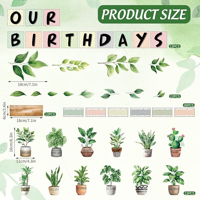 FYSUIMU 84 Pcs Birthday Bulletin Board Decoration Set Boho Plant Leaves Birthday Bulletin Board Border Greenery Paper Cutouts for Back to School Classroom Month Calendar Preschool Chalkboard Supplies