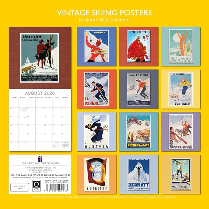 The Gifted Stationery 2026 Square Wall Calendar, Vintage Skiing Posters, 16-Month Arts & Antiques Theme Hanging Calendar with 180 Reminder Stickers, Month Planner for Creative Spaces, 12x12 In