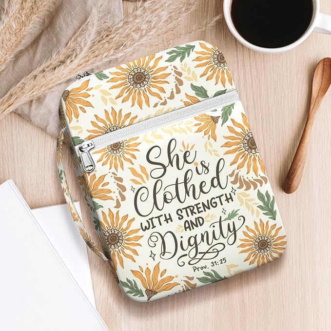 Sunflower Bible Cover for Women with Handle and Zipper, Scripture Verse Proverbs 31 25, Canvas Bible Case, Fits Standard Size Bible, Christian Gift for Mom Girls Bible Study Church Use