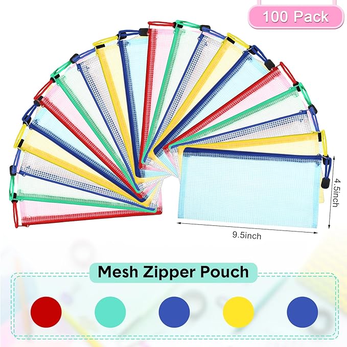 Mimorou 100 Pack Pencil Pouch Bulk Mesh Zipper Pencil Cases 9.5'' x 4.5'' Small Clear Holder Storage Case Multipurpose Cosmetics Toiletry Bags for Office File(Vivid Color)