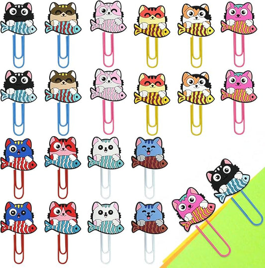Cute Paper Clips,20Pcs Cute Pet Cat Bookmark Paperclips Bulk Metal Fun Kitten Eats Fish Planner Clip Charms Clamp Desk Accessories Stationery Colorful Office Supplies Student Teacher Party gifts Decor
