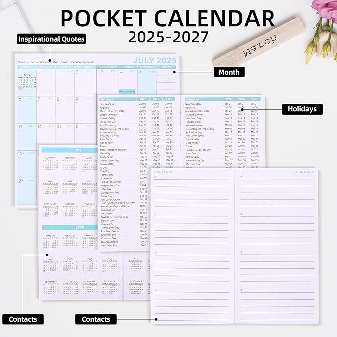 2025-2027 Monthly Pocket Planner/Calendar, 2 Year Small Size Academic Planner With Daily Quotes Hardcover Agenda Book Perfect Organizer for Purse,Planning, Organizing, and Office Use (Floral+Green)