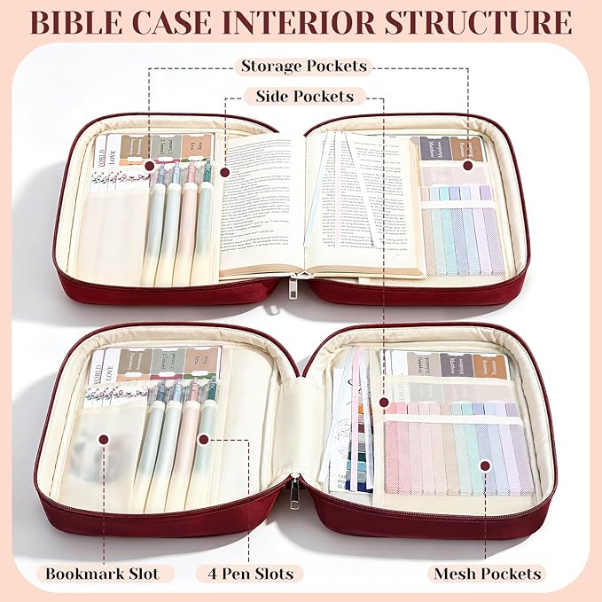 XKDOUS Bible Cover, Large Bible Bag with Durable Handle, Cross Design Waterproof Bible Case with Bible Study Supplies, Christian Gift for Mom, Women and Men (Burgundy)