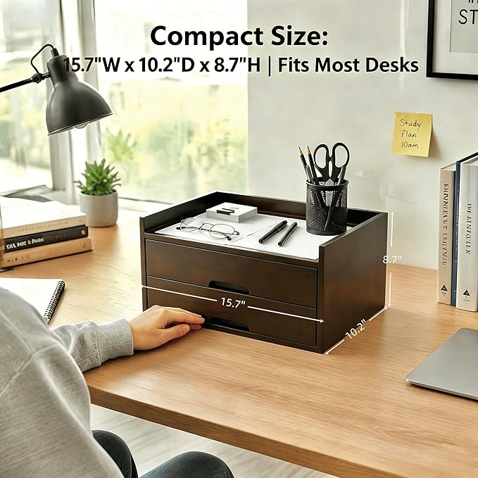 Solid Wood Desk Organizer with Drawers, Wooden Desk Storage Organizer with Smooth Slides, Filing A4 Paper File Organizer for Home Office, Bedroom & Makeup, Fully Assembled, Walnut Finish