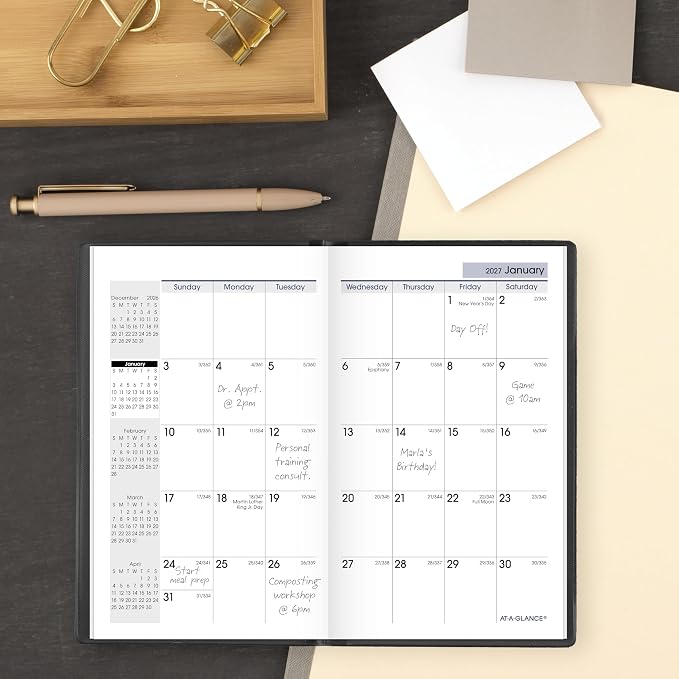 AT-A-GLANCE 2027 Planner, Monthly, 14-Month Dec-Jan, 3.5" x 6", Pocket Size, Unruled Daily Blocks, DayMinder, Black (SK530027)