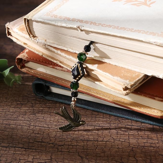 Swallow Feather Beaded Bookmark - Gronze Green Beads Book Mark for Women Men, Unique Nature-Inspired Accessories Bookish Gifts for Booklovers Students Teachers