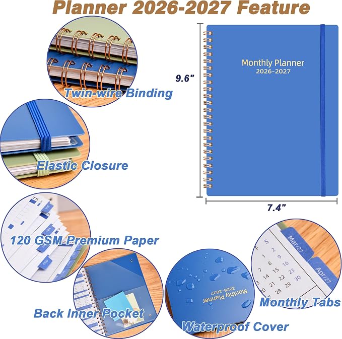 2026-2027 Monthly Planner 7.4'' x 9.6'', 18 Months Jul 2026–Dec 2027, Academic Agenda with Pocket, 120GSM Thick Paper, Waterproof PP Cover, Twin-Wire Binding, Blue