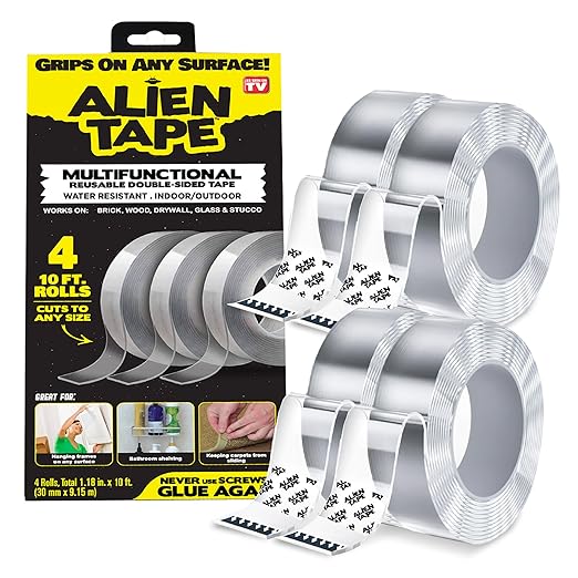 ALIEN TAPE Heavy Duty Double Sided Tape, Nano Tape, Feet Clear Adhesive Tape for Poster Photo Wall Decor As Seen on TV, (4 Rolls - 40 Feet)