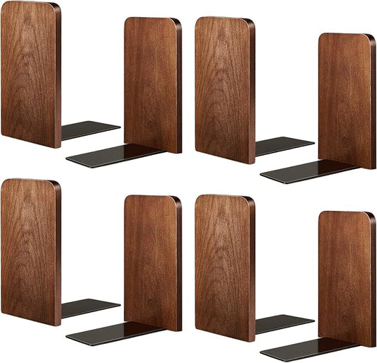 Eaasty 4 Pairs Wooden Bookends for Heavy Books, Walnut Wood Book Holders, Sturdy Non-Skid Book Stops for Shelves and Office Desk, 5.2 x 3.2 x 4.2 Inches
