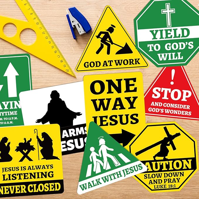 27PCS Religious Cutouts Jesus VBS Construction Traffic Road Sign for Jesus Birthday Classroom Bulletin Board Decors Sunday School God Construction Theme Bible Wall Bulletin Signs Classroom Supplies