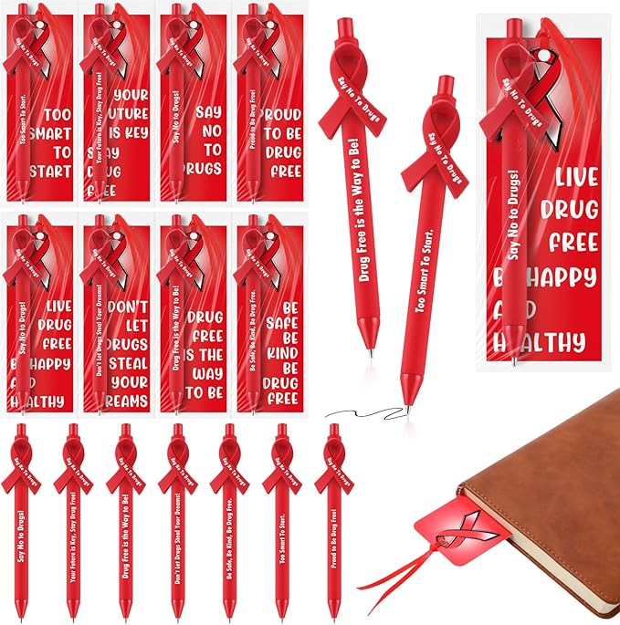 Eersida 24 Sets Red Ribbon Week Gift Supplies Say No to Drug Awareness Pens with Drug Free Bookmark Inspirational Red Ribbon Awareness Gift for Student School Charity Events Party Supplies