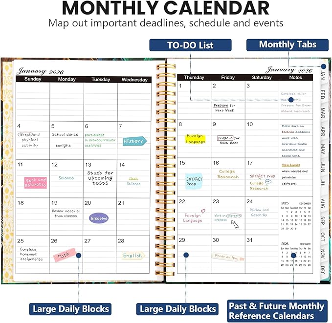 Planner 2026 - Weekly and Monthly Calendar Academic Planner, 2026 Yearly Daily Calendar Planning Agenda Book with Month Tabs, Jan to Dec 2026, With Stickers for Home Office School, 6.5" x 8.5" (Vector leaves)