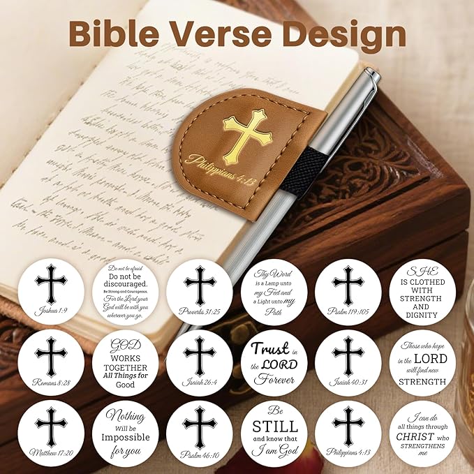 Personalized Magnetic Leather Bookmark with Pen Holder - Bygone Mark Custom Bible Verse Bookmarker,Book Marker for Men & Women,Book Lovers,Readers,Church(Brown，Romans 8:28)