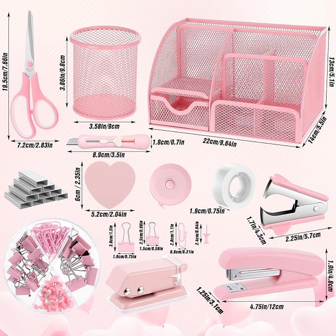 Pink Office Supplies, 12PCS Pink Desk Accessories Set Include Mesh Desk Organizer, Tape Dispenser, Stapler, 1000 Staples, Staple Remover, Pen Holder, Clips Set, Scissors, Sticky Notes for Women
