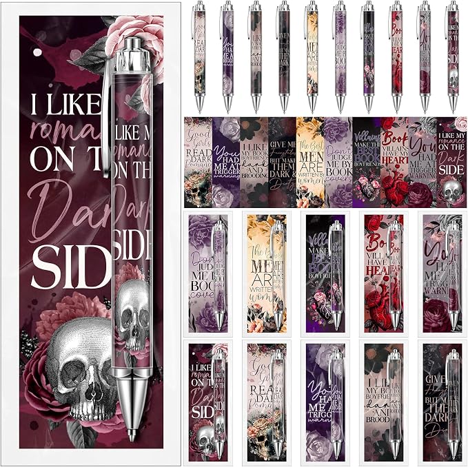 Affrolling 60 Pcs Dark Romance Bookmarks and Pens Merch Double Sided Romance Smutty Spicy Book Lover Gifts Romantasy Skeleton Page Marker Clip Gifts for Women Teachers Reading