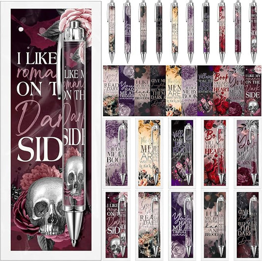 Affrolling 60 Pcs Dark Romance Bookmarks and Pens Merch Double Sided Romance Smutty Spicy Book Lover Gifts Romantasy Skeleton Page Marker Clip Gifts for Women Teachers Reading