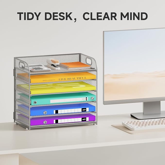 Cawukege 6 Tier Paper Organizer, Silver Letter Tray with Handle, Mesh Desk Organizer, Metal File Organizer, Office Desk Accessories for Home, Office, Classroom, School