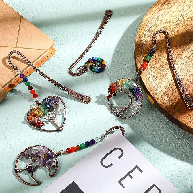 4 Pcs 7 Chakra Crystal Bookmark Antique Copper Metal Beading Healing Stone Vintage Bookmarks Tumbled Gemstones Book Markers for Student Office Birthday Present(Fresh Style)