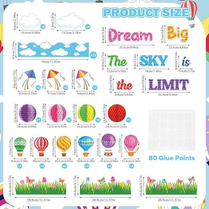 Pajean 66 Pcs Dream Big the Sky is the Limit Bulletin Board Sets Hot Air Balloon Cloud Borders 3D Honeycombs First Day of School Classroom Bulletin Board Decorations