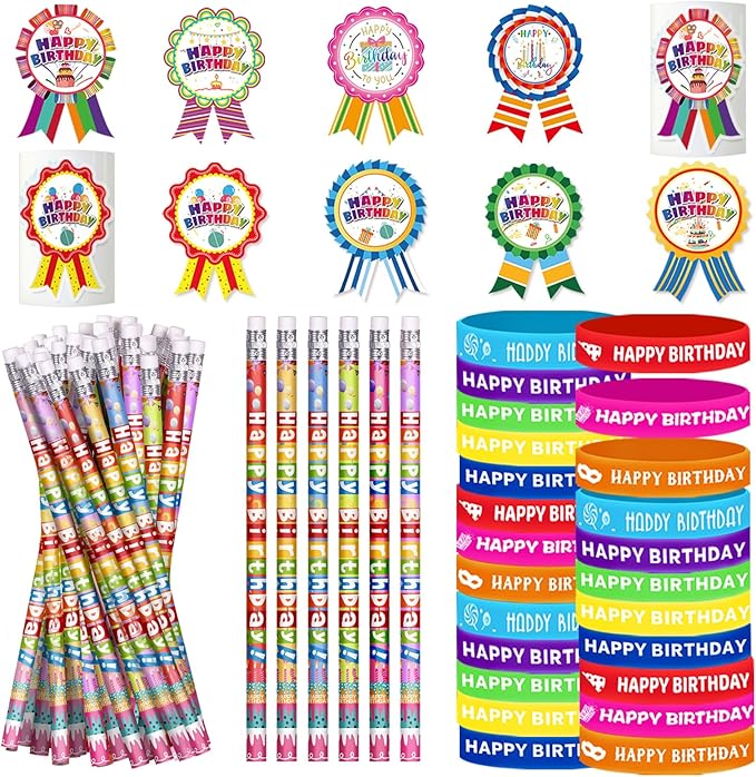 Birthday Pencils Set: 24 Happy Birthday Pencils, 24 Rubber Wristbands, 200 Badge Stickers - Multicolor, Unisex - 248 Pieces