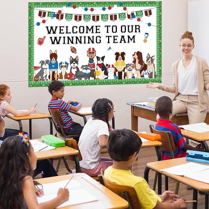 Football Pet Dog Bulletin Board Set Sports Theme Puppy Classroom Decoration Football Cute Dog Bulletin Board Sports Cutouts for School Office Game Day Party Home Chalkboard Wall Decor