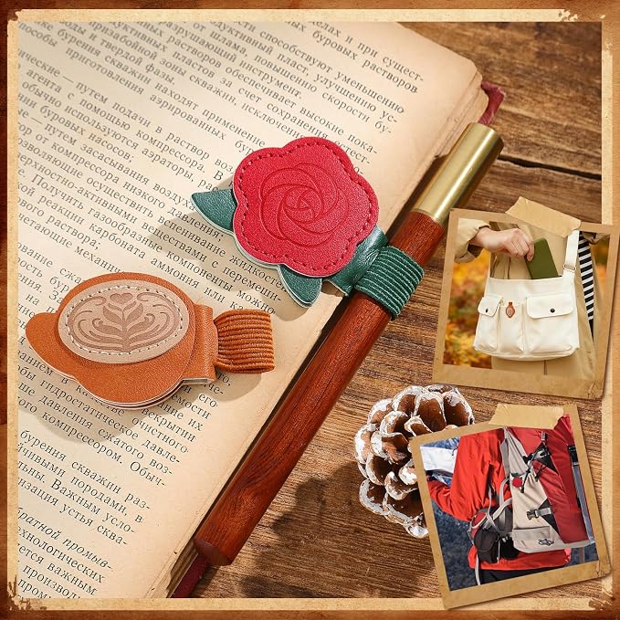 2PCS Vintage Magnetic Leather Bookmark, Leather Magnetic Bookmarks for Women,Unique Book Marks Gifts for Book Lovers， Magnetic PU Bookmarks Clip Book Accessories for Adults & Kids，Roses & Coffee