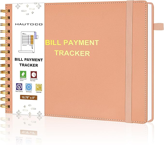 HAUTOCO Hardcover Bill Tracker Notebook Horizontal Monthly Bill Payment Organizer for Personal Budgeting Home Finance with 2 Storage Pocket Expense Checklist Tracking Planner 10.78 x 8'', Pink