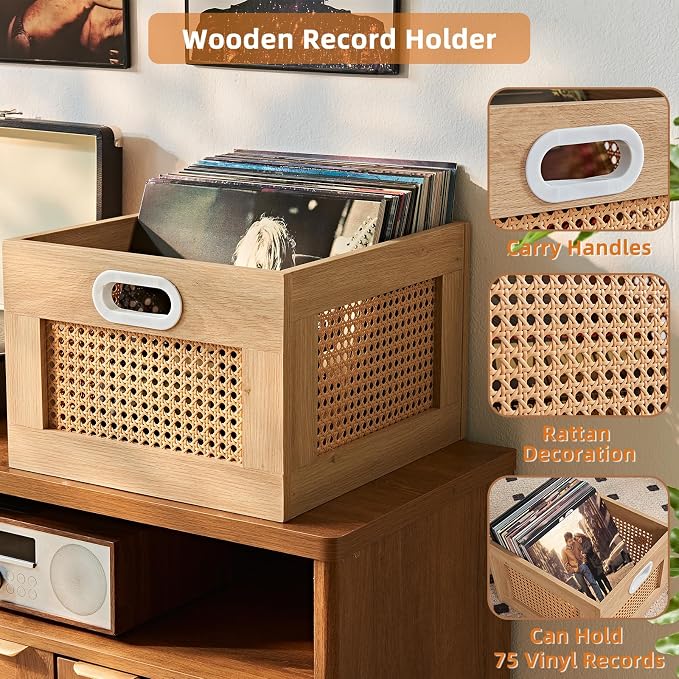 LELELINKY 2 Pack Vinyl Record Storage Crates, Rattan Vinyl Record Holder with Handle, Natural Wood Record Crate for Vinyls Holder up to 75 LP's, Desktop Cube Album Storage for Vinyls Records