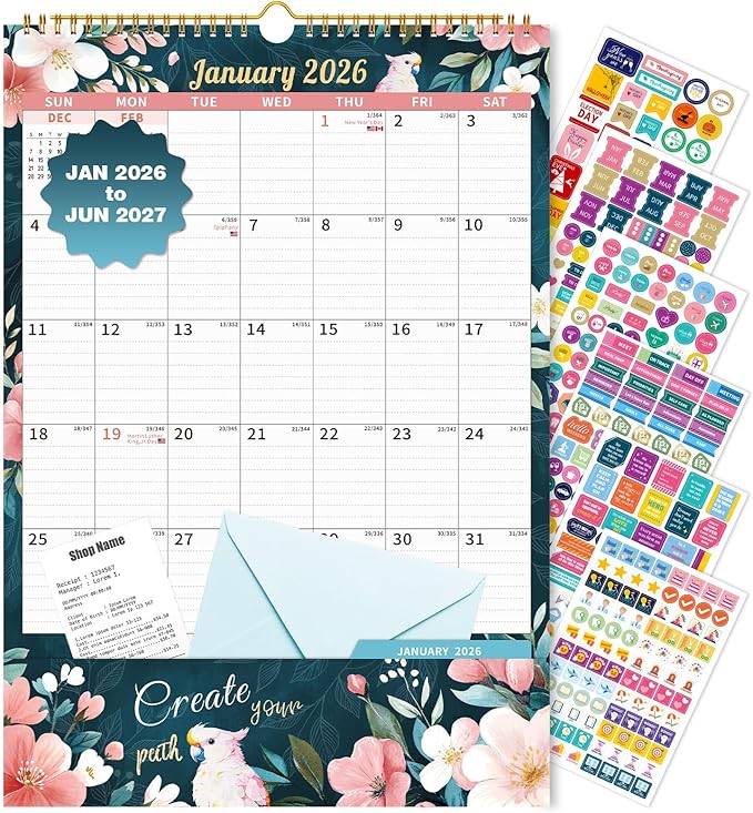 Ospelelf Wall Calendar 2026-2027 with Storage Pocket Monthly Large Planner Pad 17" X 12" with Protective Cover and Sticker for Family Fridge Office Teacher Student January 2026 to June 2027 Retro