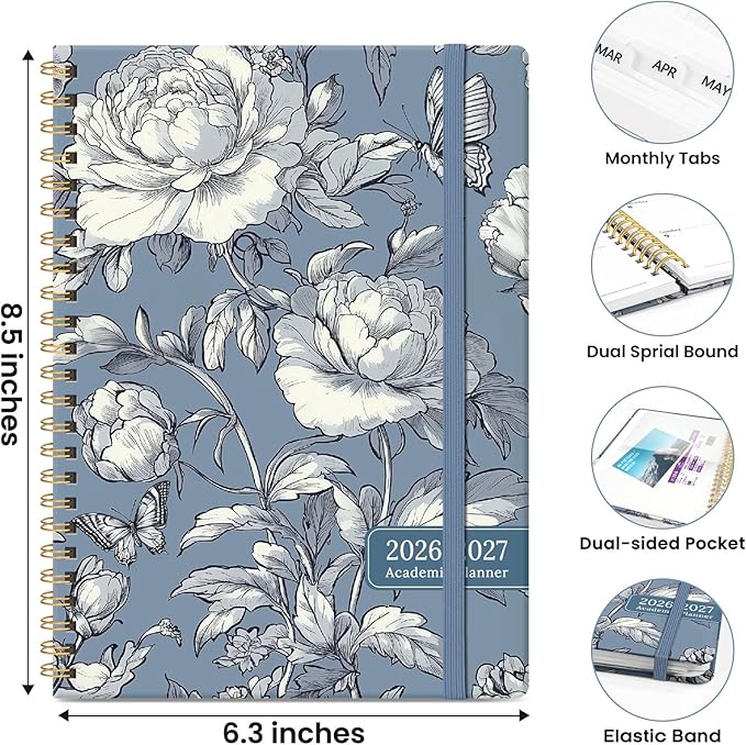 2026–2027 Academic Planner, Weekly and Monthly Planner for Women, July 2026 - June 2027, Pretty Hardcover 2026–2027 Academic Planner with Tabs, Inner Pocket, Spiral Bound, Perfect Office Home School Supplies - 6.3" x 8.5", Butterfly Peony
