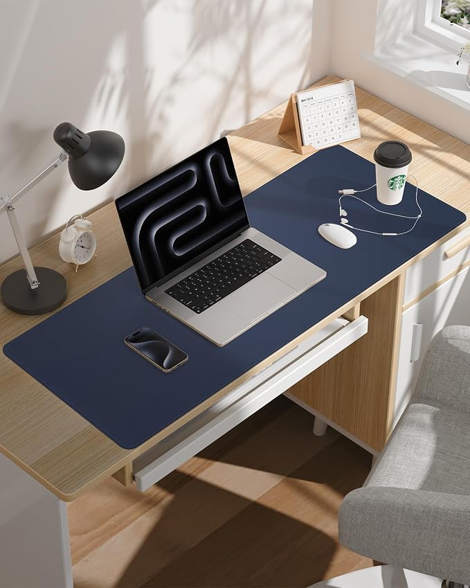 AFIING Leather Desk Pad Protector- 48" x 17" Office Desk Mat, Non-Slip PU Leather Mouse Pad, Waterproof Desk Blotter Mat, Desk Cover Mat for Office and Home (Midnight Blue)