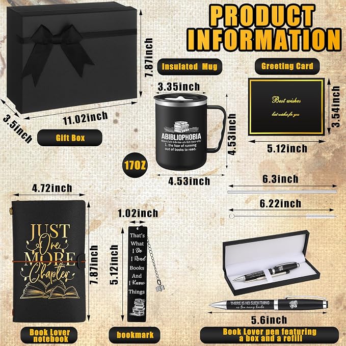 Shellwei 6 Pcs Book Lovers Gifts for Father's Day Men Gifts 17 oz Abibliophobia Coffee Mugs Leather Journal Notebook with Ballpoint Pen Metal Bookmark Greeting Card Box Gift for Librarian Bookish Men