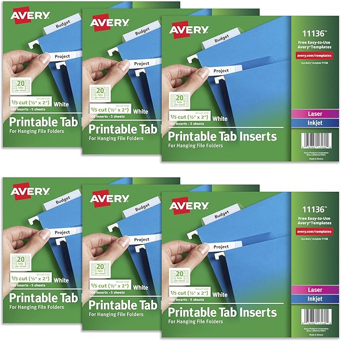 Avery WorkSaver Tab Inserts, Fits 2" Tabs, White, 100 Inserts Per Pack, 600 Inserts Total (6-Pack of 11136)