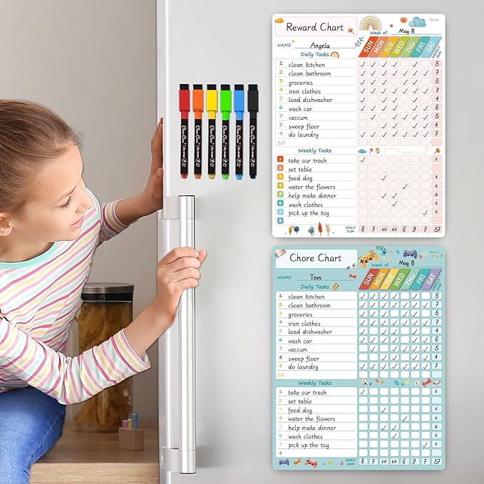 Magnetic Dry Erase Chore Chart - 8.5"x11" Behavior Responsibility Chore Board, Reward Chart for Kids, Teenagers - 6 Extra Fine Point Markers Included - Shipped Flat